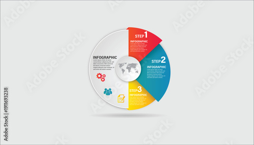 3 Steps Modern Circular Infographic Template with World Map and Icons
