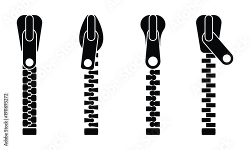 Set of four black zipper icons with different closing states on white background