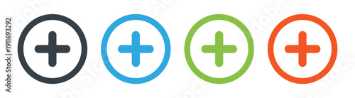 Set of four circular plus icons in different colors dark gray blue green and orange