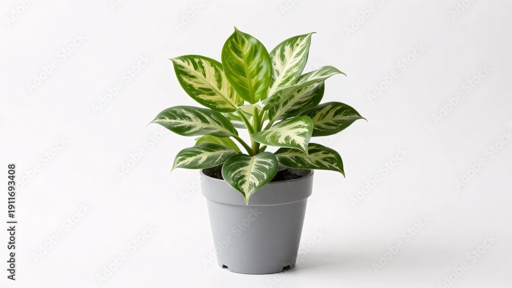 Fototapeta premium A lush houseplant featuring large, variegated leaves with blended green and creamy yellow tones sits in a simple gray pot, isolated on a white background for a clean, natural look.