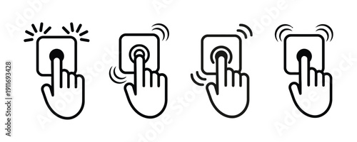 Set of four icons hands pressing a button with different effects and animations