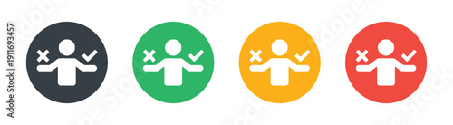 Set of four icons showing a person with checkmarks and crosses in different colors