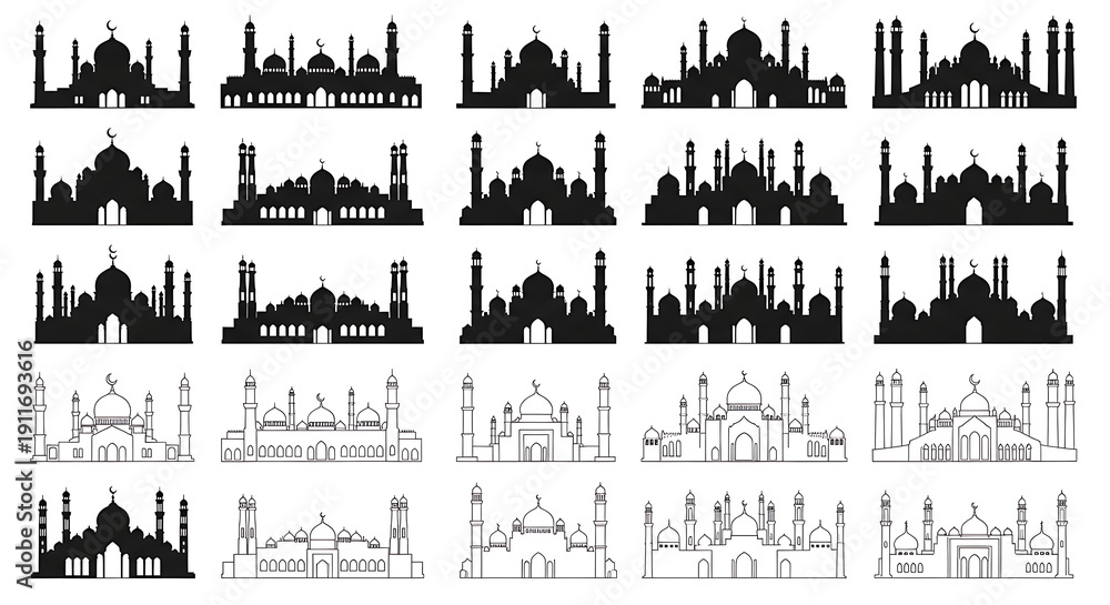 Fototapeta premium Collection of Diverse Mosque Silhouettes and Line Art Illustrations Representing Islamic Architectural Designs and Spiritual Places of Worship