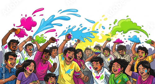 Joyful crowd celebrating Holi festival with colorful powder and water vibrant illustration for cultural events and invitations