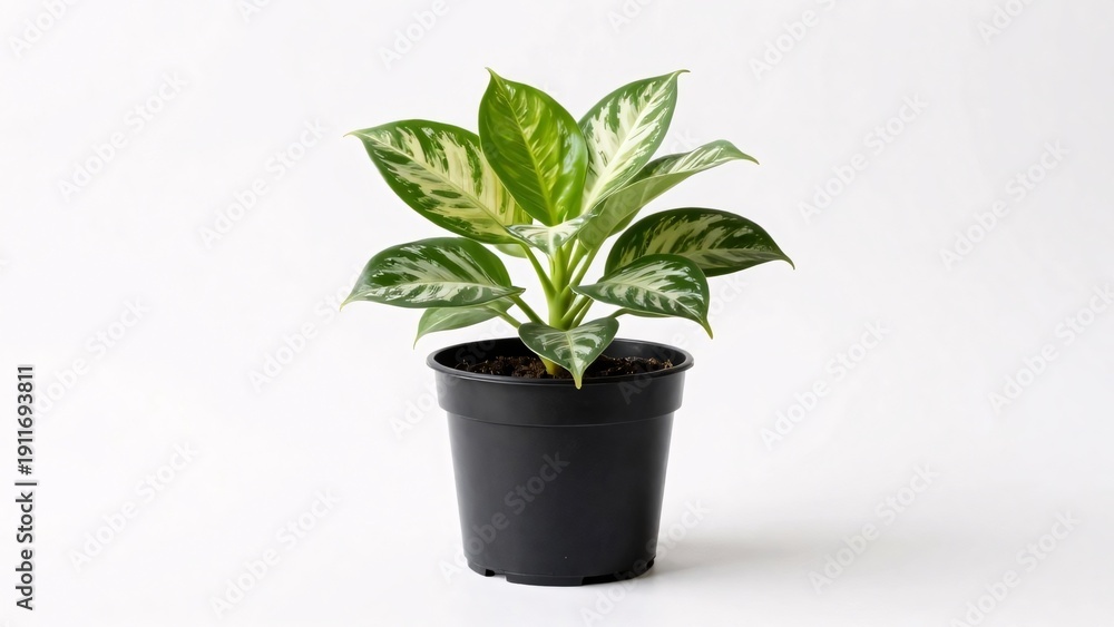 Obraz premium A healthy houseplant featuring vibrant green leaves with striking white and cream variegation sits in a simple black plastic nursery pot, isolated on a white background for a clean, natural aesthetic.