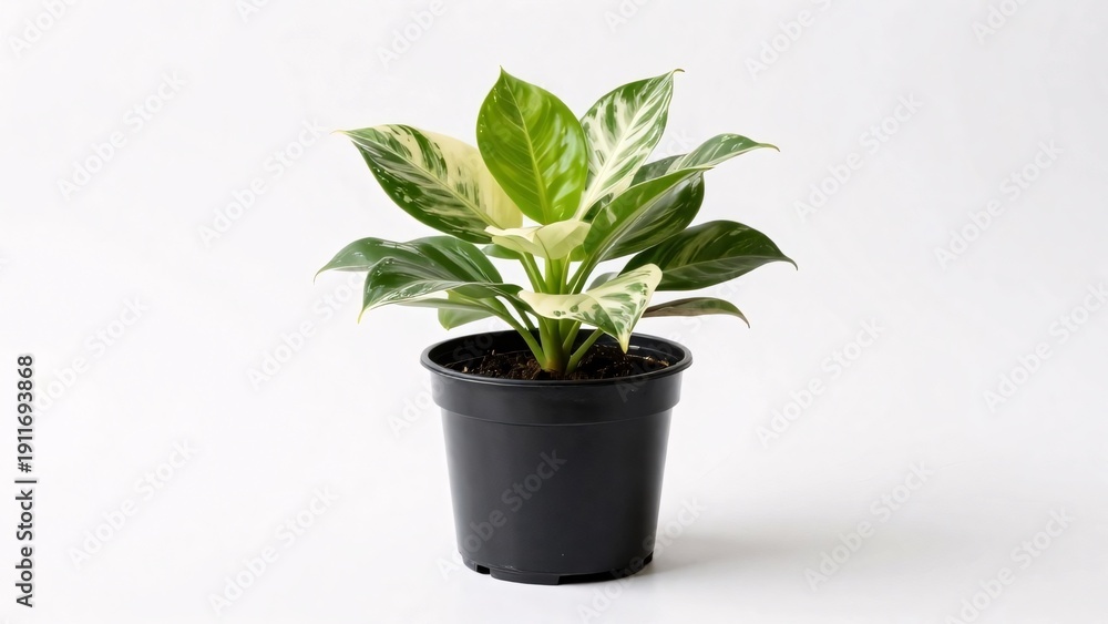 Obraz premium A healthy houseplant featuring vibrant green leaves with striking white and cream variegation sits in a simple black plastic nursery pot, isolated on a white background for a clean, natural aesthetic.