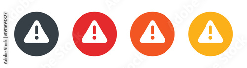 Set of four warning icons with exclamation mark in different colors dark gray red orange and yellow