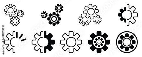 Set of gear and cogwheel icons representing mechanism and engineering