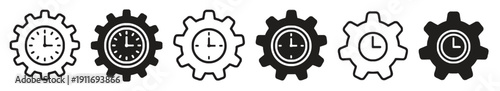 Set of gear clock icons time mechanism and workflow symbol illustration