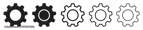 Set of gear icons in solid and outline styles, cogwheel mechanism for industry and technology