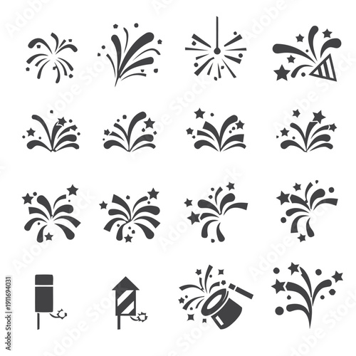 Set of graphic icons representing fireworks and celebrations