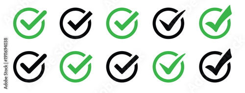 Set of green and black check mark icons within circles indicating completion, approval, and confirmation