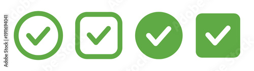 Set of green check mark icons in circles and squares for approval or confirmation