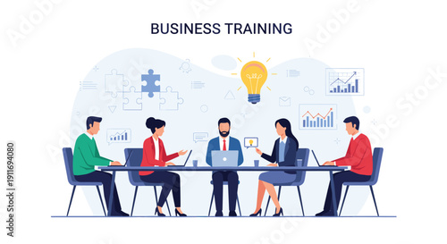 Corporate team attending a business training meeting with laptops and a large lightbulb icon to represent sharing of creative ideas and goals.