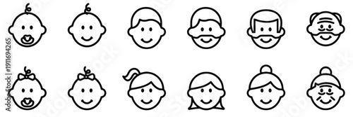 Set of human life cycle icons from infancy to old age representing growth and aging process for male and female