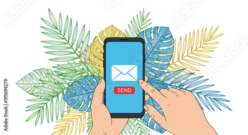 Hands holding a smartphone with a white envelope on the screen and a red send button surrounded by green tropical palm leaves for messaging.