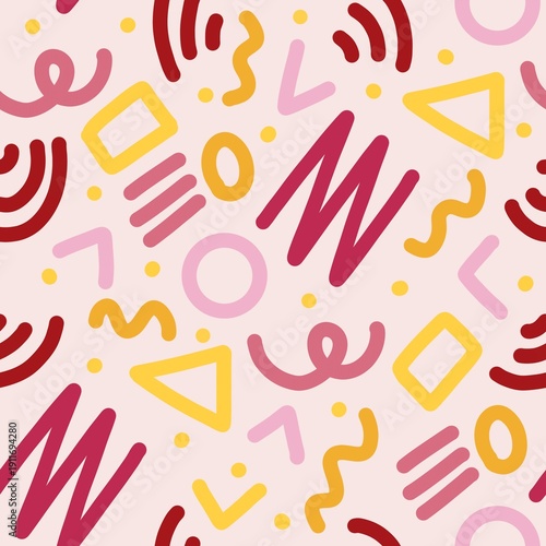 Colorful Abstract Memphis Seamless Pattern with Geometric Shapes and Doodle Lines, Cute Retro Playful Background for Kids Products, Packaging and Modern Surface Design