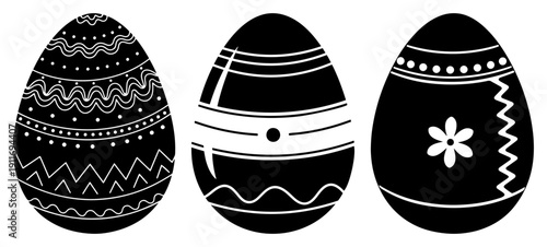 Collection of three decorated easter eggs with various patterns and floral ornaments in black and white graphic style
