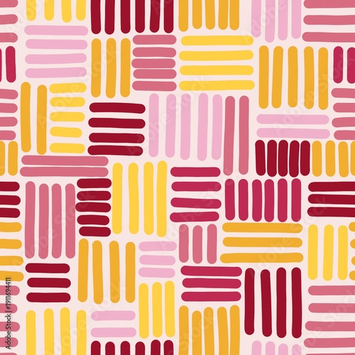 Abstract Brush Stroke Seamless Pattern, Pink Yellow Red Hand Drawn Line Texture Background for Fabric, Packaging, Kids Products and Modern Surface Design