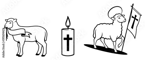 Religious Easter symbol set featuring lamb of god with flag and paschal candle with cross in minimalist line art