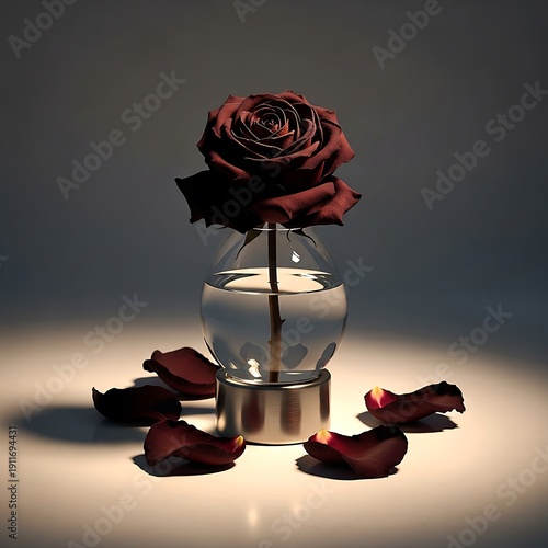 Elegant dark rose in a glass vase with scattered petals around it