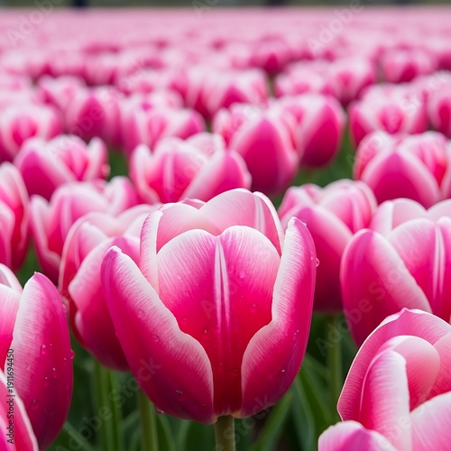 A vibrant field of pink tulips in full bloom under soft natural light