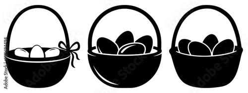 Set of three easter basket silhouettes filled with eggs for spring holiday decoration