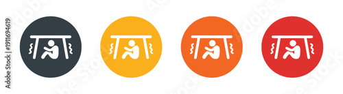 Set of icons representing earthquake safety measures like drop, cover and hold on, warning lights, and alerts