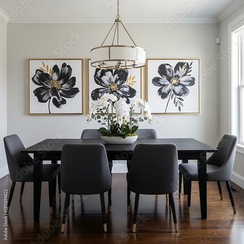 Elegant modern dining room with dark wood table and gray chairs