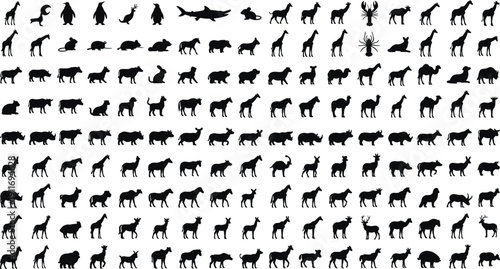 Large collection of wild animal silhouettes, black vector icons of giraffe, shark, penguin, camel, and farm animals for nature design projects,