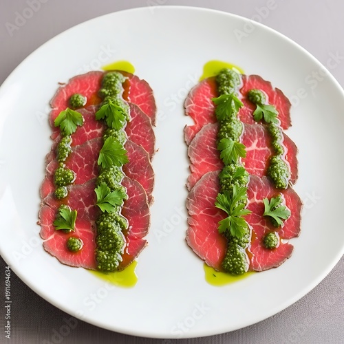 Elegant beef carpaccio topped with pesto and drizzled with olive oil on a white plate