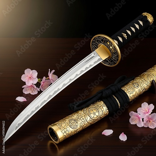 Elegant katana sword adorned with gold accents and delicate pink cherry blossoms.