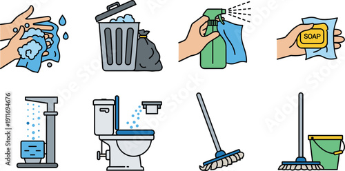 Hygiene and Cleaning Services Vector Illustration Set with Hand Washing Trash Can Soap Spray Bottle Mop and Toilet Icons