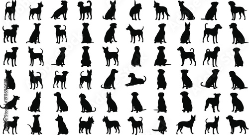 Large collection of black dog silhouettes, various breeds of domestic pets in different poses, canine vector icons for animal lovers,