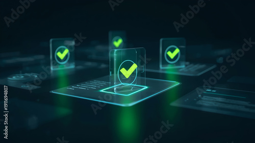 Quality Assurance Concept with Glowing Digital Check Marks and Data Verification Symbols