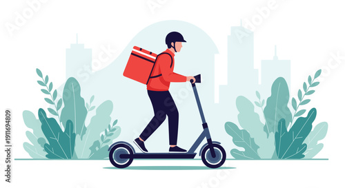 Courier riding a black electric scooter while wearing a red thermal delivery backpack to transport food through city streets with green plants.
