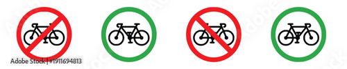 Set of icons with bicycles, no cycling and cycling allowed symbols