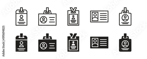 Set of ID badge icons in outline and solid black styles