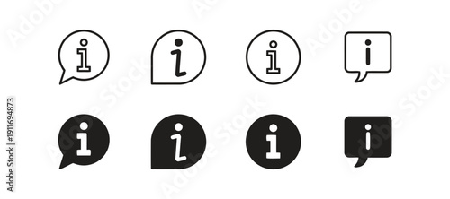 Set of information icons with letter i inside circles speech bubbles and square shapes