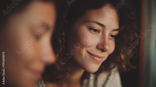 Close-up portrait of a young woman with curly hair. she is looking out of a window with a slight smile on her face.