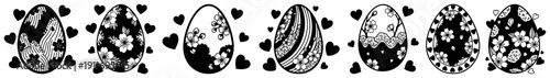 Set of intricately decorated Easter eggs with floral and heart patterns in black and white graphic style