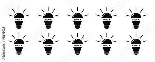 Set of light bulb icons indicating color temperature in Kelvin scale