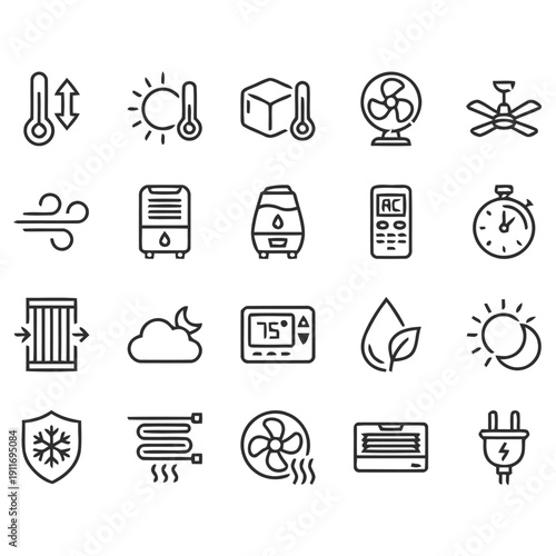 Set of line icons for climate control and heating cooling ventilation and air conditioning
