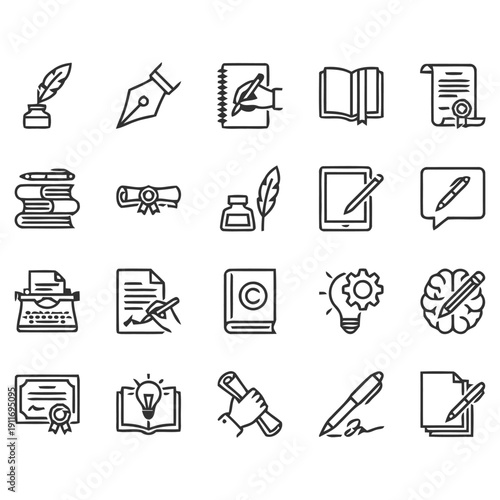 Set of line icons for writing creativity and legal documents