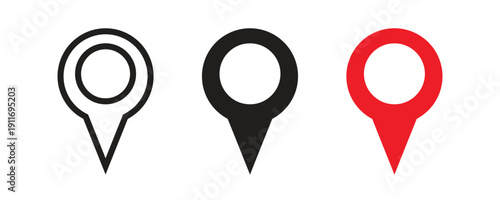 Set of location pin icons with sharp points in outline solid black and red colors on white background