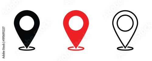 Set of map marker icons, indicating location and navigation, includes filled and outline styles in different colors