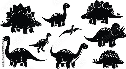 Collection of black dinosaur silhouettes including stegosaurus triceratops and brontosaurus, cute prehistoric animal vector icons for kids design and education