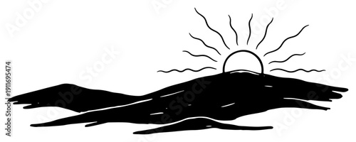 Minimalist hand drawn silhouette of hills with a rising sun and wavy rays