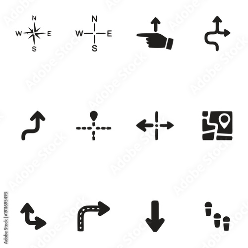 Set of navigation and directional arrow icons for maps and direction guides
