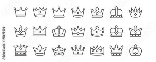Set of outline crown icons in various designs representing royalty, status, and elegance